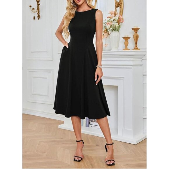 Grace Karin Womens Large Black A-Line Midi Cocktail Dress Sleeveless Tank Design - Picture 3 of 10